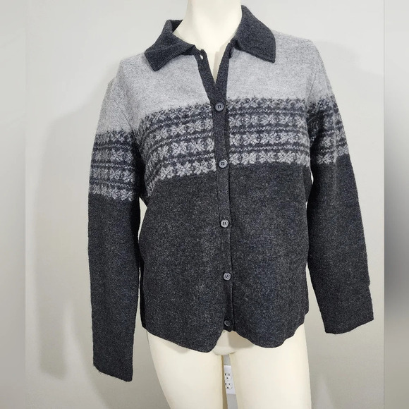 Vtg. Evan Picone 100% Wool neutral gray Fair Isle/Nordic print Knit jacket Sz M - Picture 1 of 10